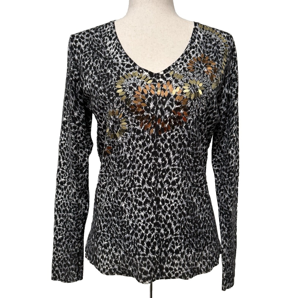 Chico's Embellished Silk Blend Leopard Print V Neck Sweater Womens Size 1 Medium